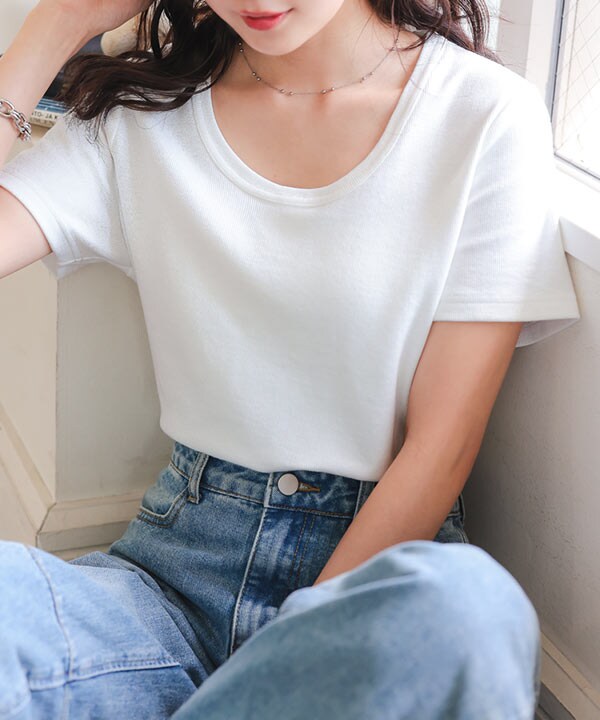 M L XL 選べるサイズ ] 深Uネック細リブ半袖Tシャツ [C7463] | 神戸