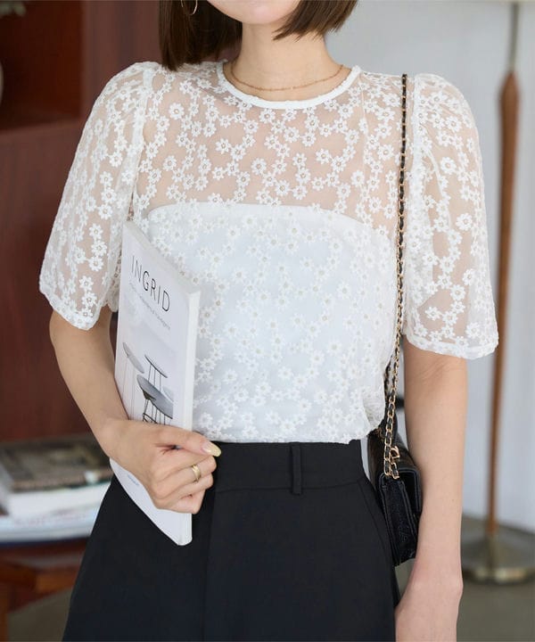 花柄刺繍シアーボリューミーブブラウス [C7523] | 神戸レタス(KOBE