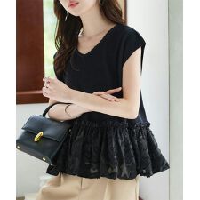 神戸レタス(KOBE LETTUCE)のVネック裾ジャガードドッキングニットブラウス [C7536]