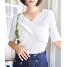 カシュクールVネック半袖ニットトップス [N1195]
