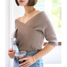 カシュクールVネック半袖ニットトップス [N1195]