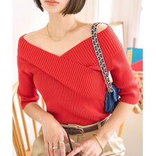 カシュクールVネック半袖ニットトップス [N1195]