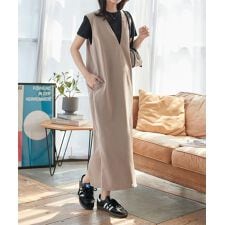 深Vネックストレートシルエットワンピース [E3521]