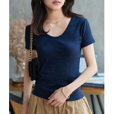 深Uネック半袖シンプルTシャツ [C7609]