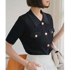 金ボタン襟付きリブ半袖ニット [C7625]
