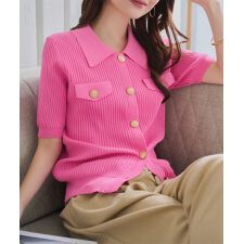 金ボタン襟付きリブ半袖ニット [C7625]