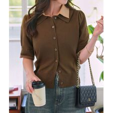 襟取り外しOKシャツレイヤード風ポロニットカーディガン [C7599]