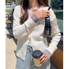 神戸レタス(KOBE LETTUCE)のシアースリーブロゴ刺繍ケーブルニットカーディガン [N1205]