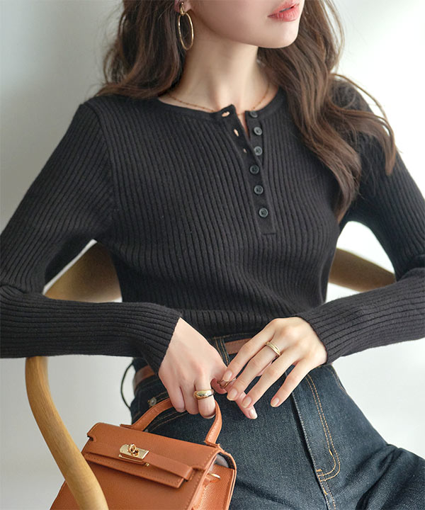 もっちりリブニットトップス [C6260]｜ヘンリーネック | 神戸レタス