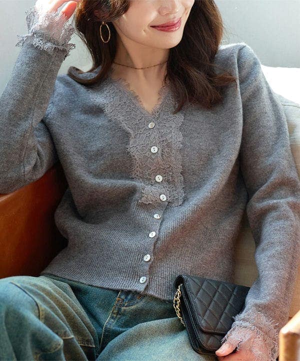 Vネックレースニットカーディガン [N1278]