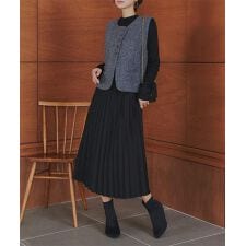 神戸レタス(KOBE LETTUCE)の[ 裏起毛 ] あったかプリーツロングワンピース＆ツイードベスト 2点セット [E3558]