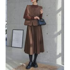 神戸レタス(KOBE LETTUCE)の[ 裏起毛 ] あったかプリーツロングワンピース＆ツイードベスト 2点セット [E3558]