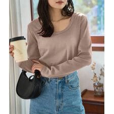 [ M L XL 選べるサイズ ] [ 裏微起毛 ] 深Uネック細リブ長袖Tシャツ [C8316]