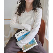 M L 太リブVネックもっちりインナーニット [C7714]