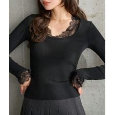 [ 裏起毛 ] カップ付きレースドッキング深Uネック長袖トップス [C7814]