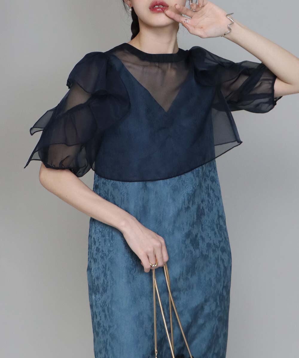 【美品】J by blue ジャガードワンピース オーガンジーボレロセット SALE】日本製 ジャガードワンピース＋オーガンジーボレロセット