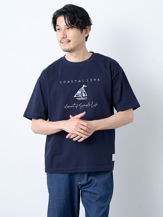 Ｔシャツ　マリンシャツ　ネイビー　新品 未使用品　ヨット　クルーズ ゆったり】リラックスフィット ヨットプリント半袖Tシャツ