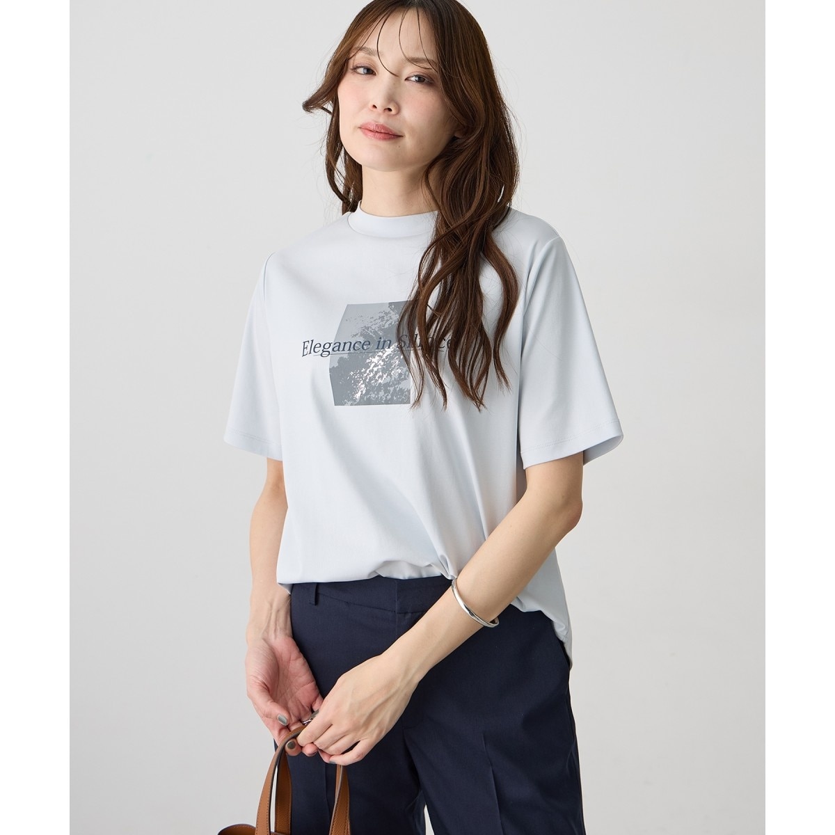 モックネック箔プリントロゴTシャツ【すごツヤ・接触冷感・UVカット