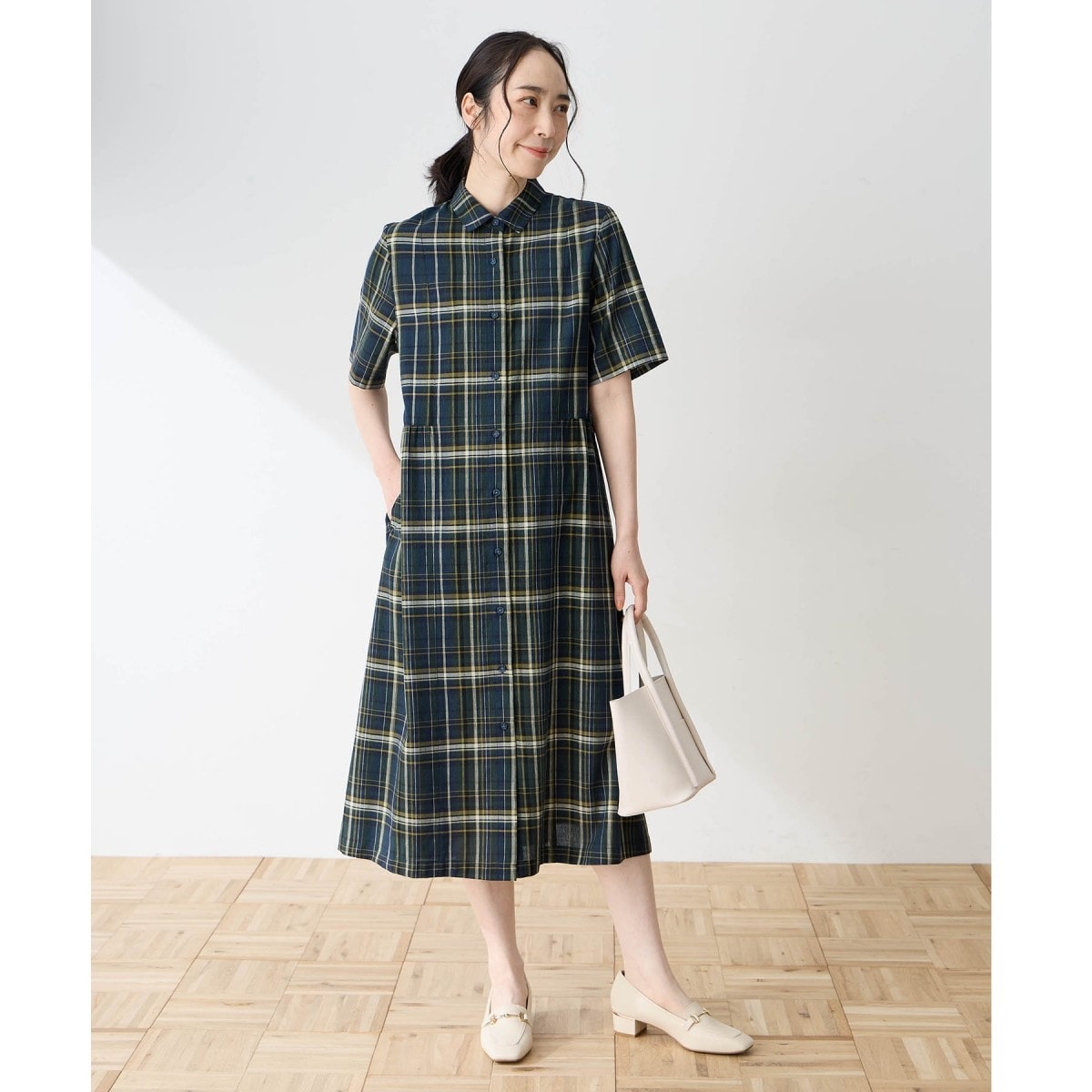 美品 フォグリネンワーク Evie dress イーヴィーワンピース チェック チェックワンピース【シワになりにくい】【ケアラク】 | デコイ(DECOY