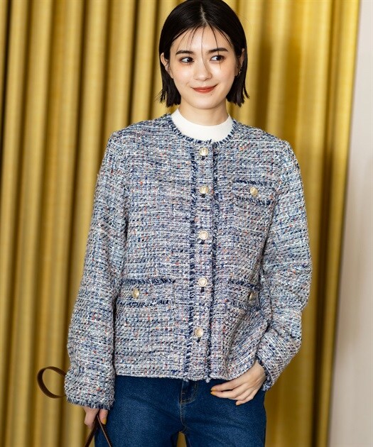 【新品】スローブイエナ　ツイードVネック ノーカラージャケット　定価¥18700 WEB限定/追加》ツイードVネック ノーカラージャケット