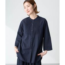 TABASA チュニック 七分袖 ターコイズブルー パンチング刺繍 