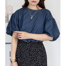 パフスリーブデニム半袖シャツ