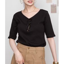 Vネック5分袖コットンリブT