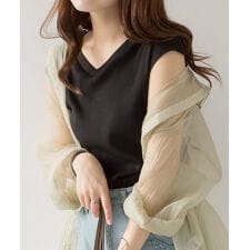 Vネックノースリーブリブカットソー