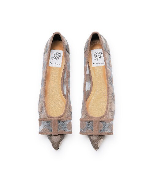 ポインテッドトゥ ドット柄 チュール リボン フラットパンプス | エマ