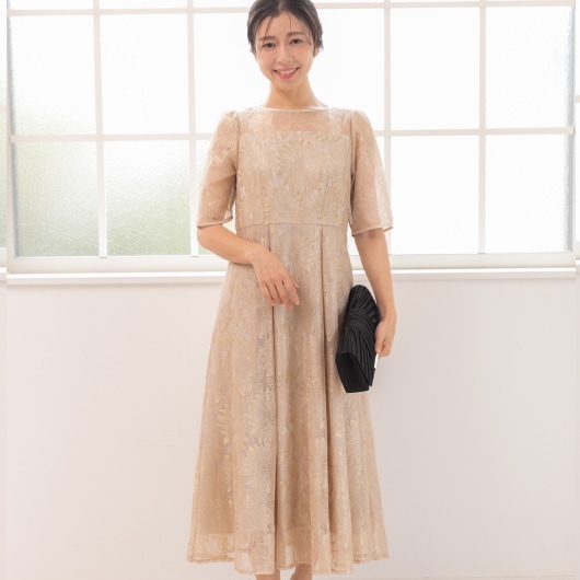 PREFERIR パーティドレス パフスリーブ ワンピース 花柄 ミモレ丈 PREFERIR パーティドレス パフスリーブ ワンピース 花柄 ミモレ