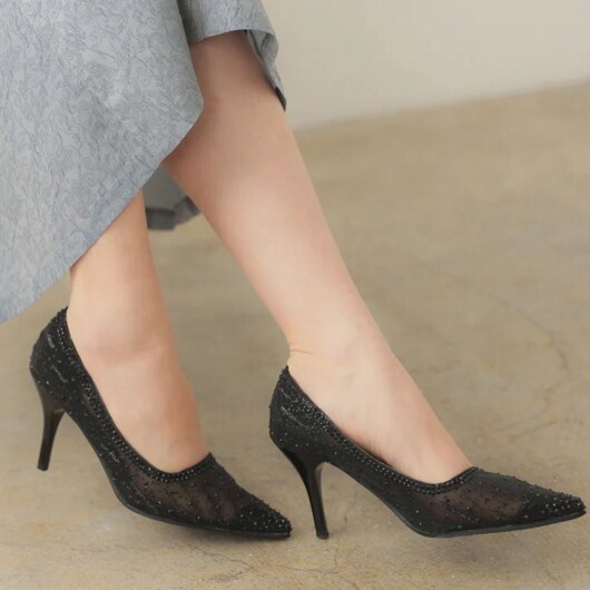 プレフェリール（PREFERIR）/チュールレースラインストーン付きパンプス 　パーティー　シースルー チュールレースラインストーン付きパンプス パーティー シースルー