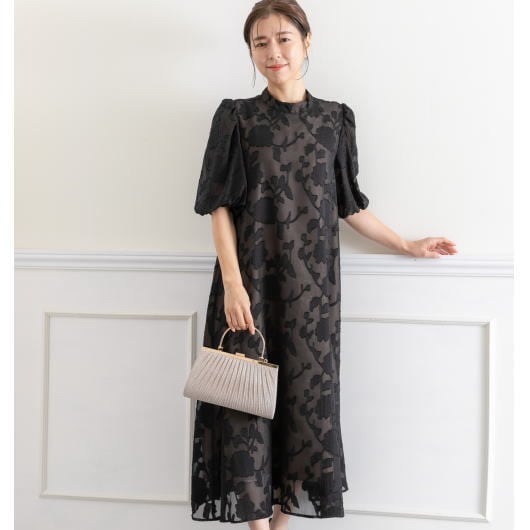 【LEJA】チュールパイピングリーフベルトAラインドレスワンピース 2点セット LEJA】チュールパイピングリーフベルトAラインドレスワンピース 2点