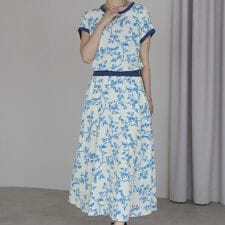 リブ付ワンピース　バードツリープリント