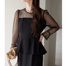 ペプラムドレス　ドットチュール切替えワンピース