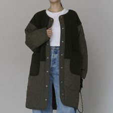 キルティングボアコート ノーカラーロング