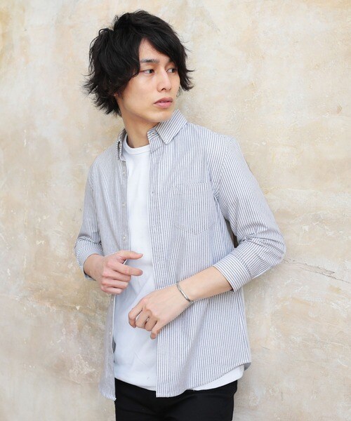 先染めオックスフォードストレッチボタンダウン七分袖シャツ
