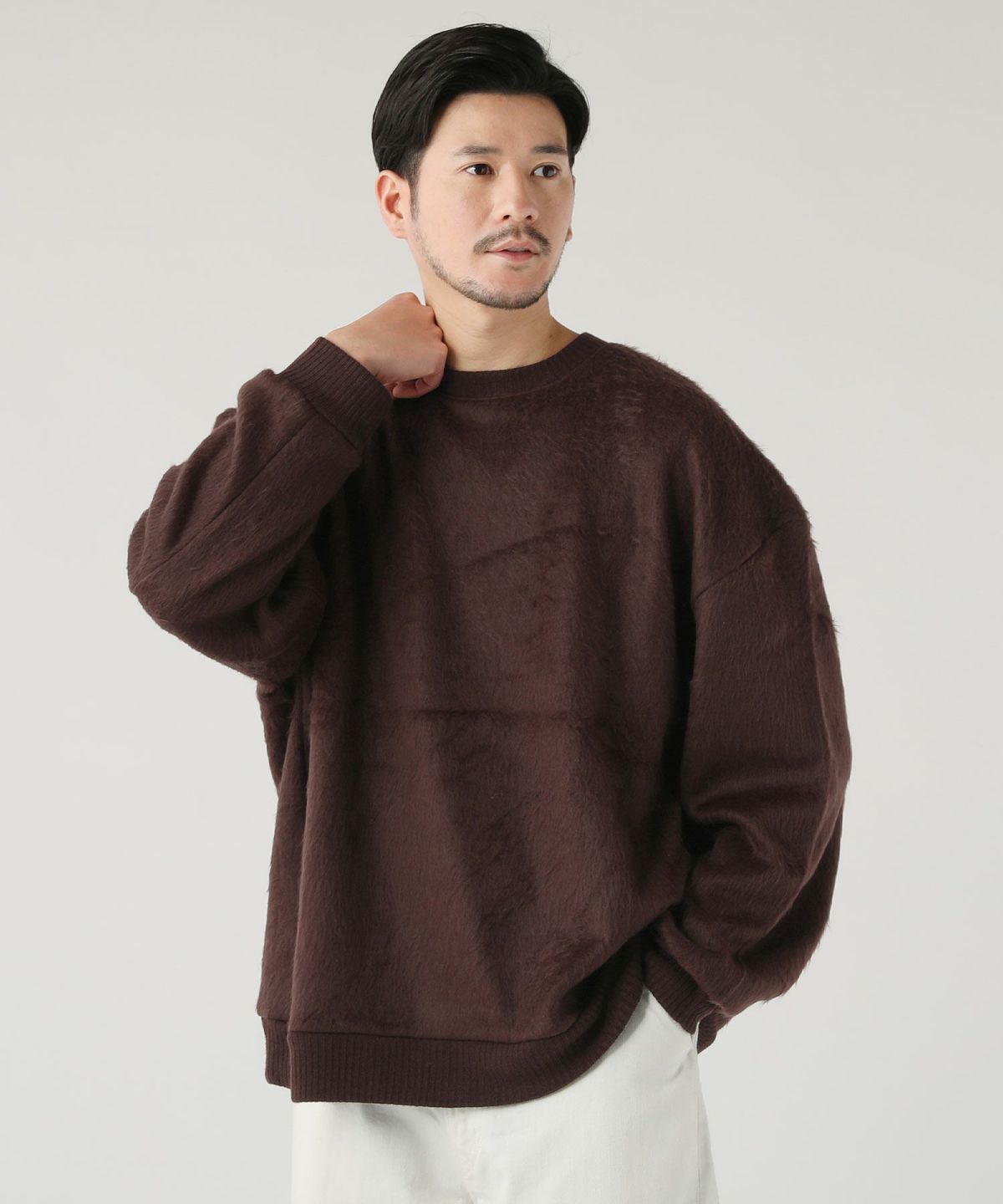 Upscape Audience＞日本製EXLANWOOLシャギークルーネック ニットソー