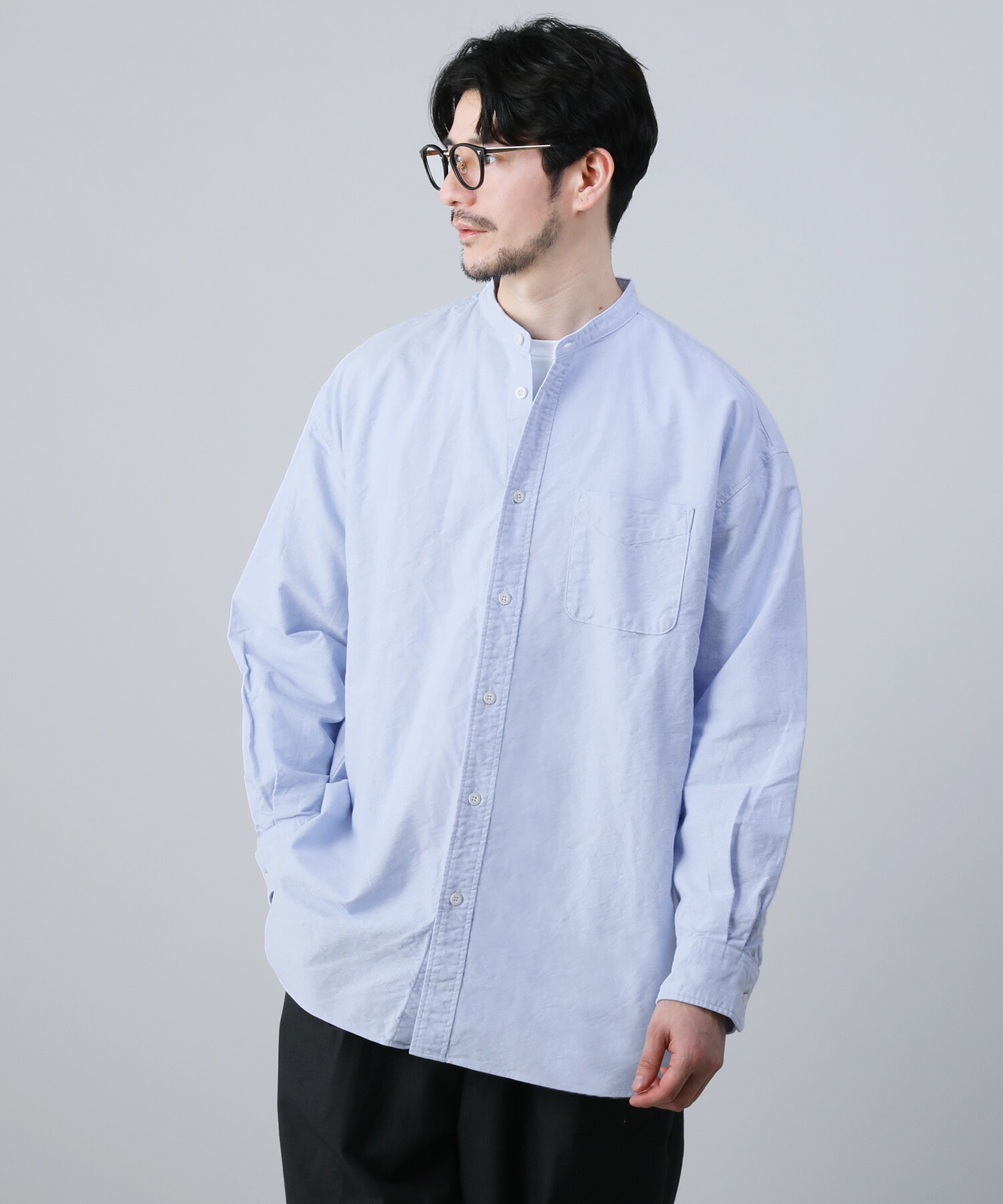 スプートニクス/日本製播州織オックスフォードシャンブレーバンドカラーボクシーAライン長袖シャツ Gray Chambray L メンズ シャツ(SPUTNICKS)マルイ 通販 Gray Chambray