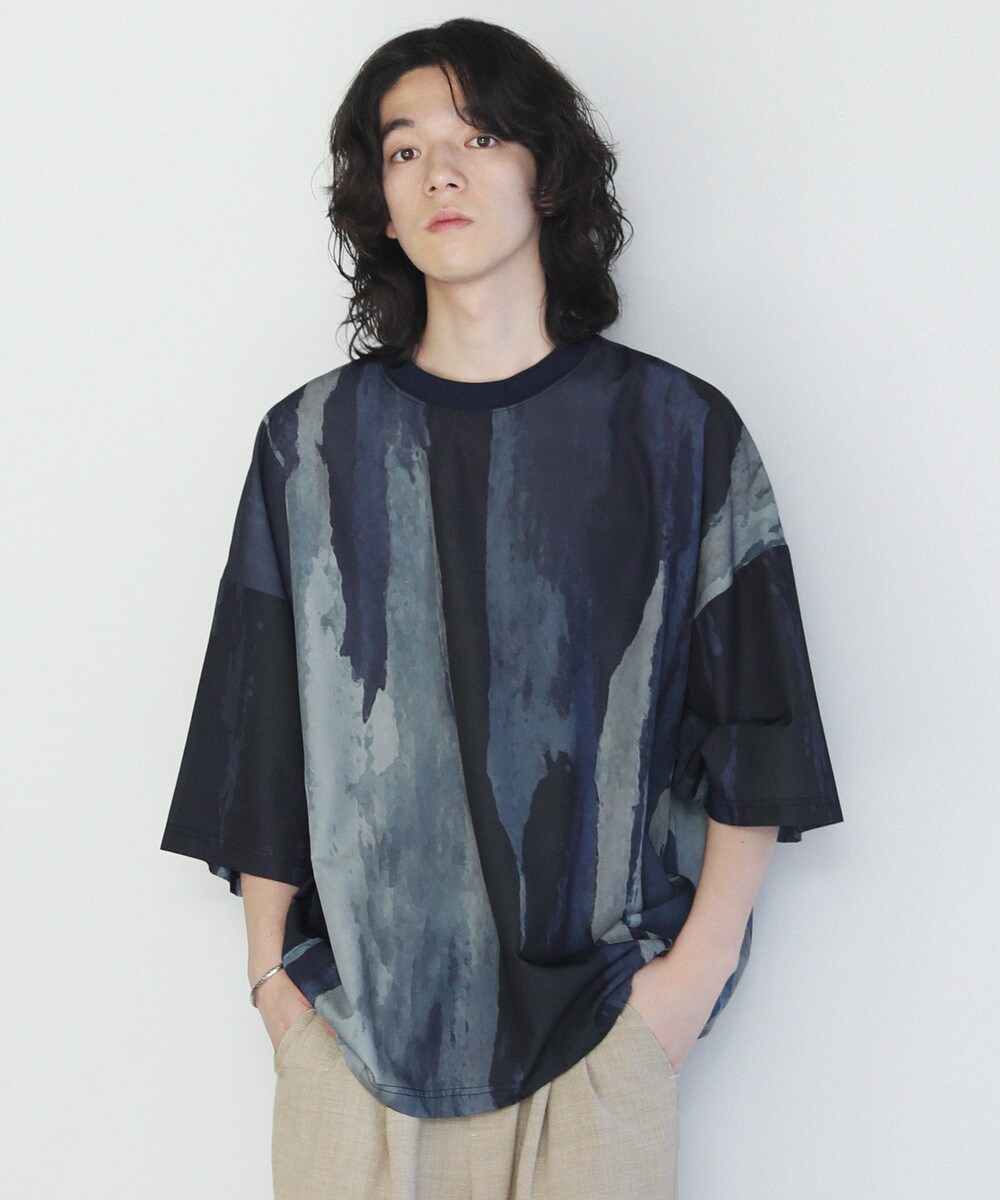 SLICK＞アブストラクトプリントドルマンスリーブ5分袖Tシャツ