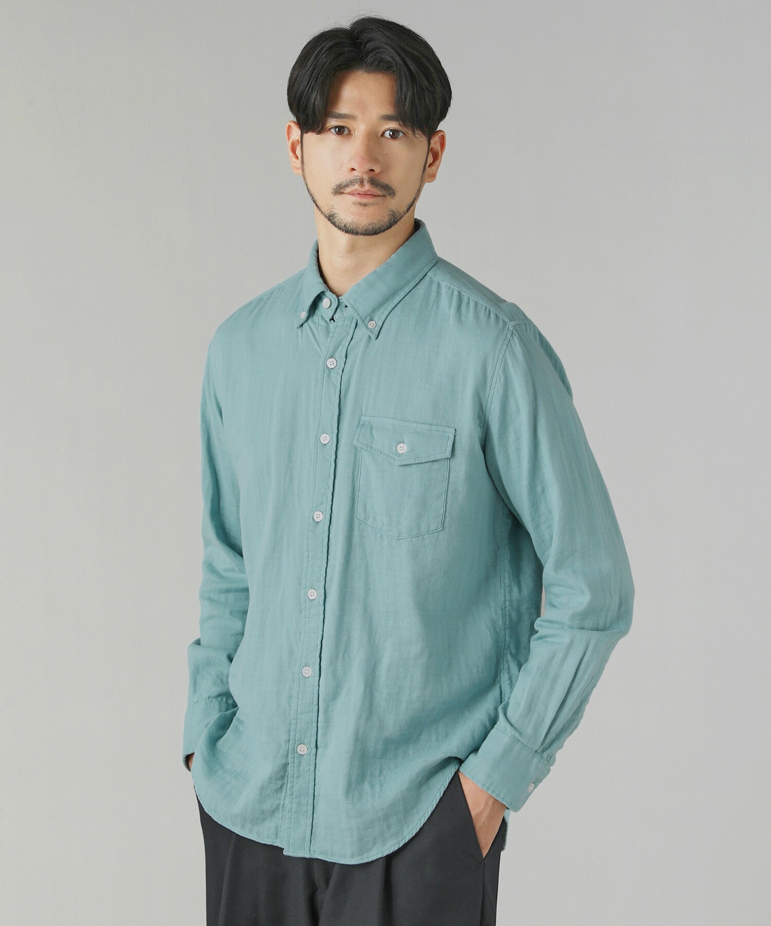 45rpm バンドカラー ハーフボタン シャツ ネイビー L コットン AMATA コットン タッチ バンドカラー シャツ