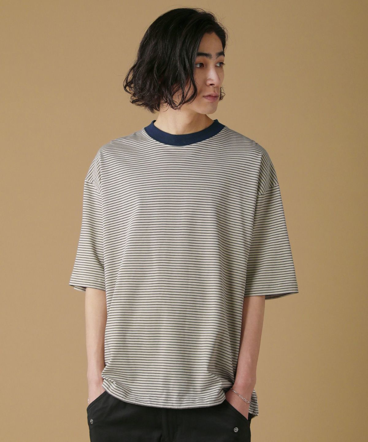 マイクロボーダードローストリングオーバーサイズ半袖Tシャツ 