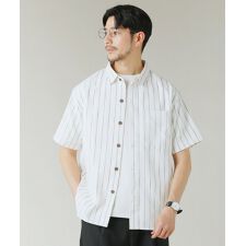 綿麻オーバーサイズレギュラーカラーストライプ半袖シャツ