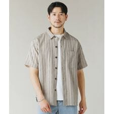 綿麻オーバーサイズレギュラーカラーストライプ半袖シャツ