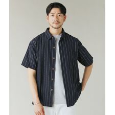 綿麻オーバーサイズレギュラーカラーストライプ半袖シャツ