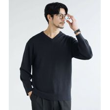 機能性シルク混コンフォートベーシックVネックニット長袖