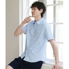 先染め綿麻ストレッチレギュラーカラー半袖シャツ
