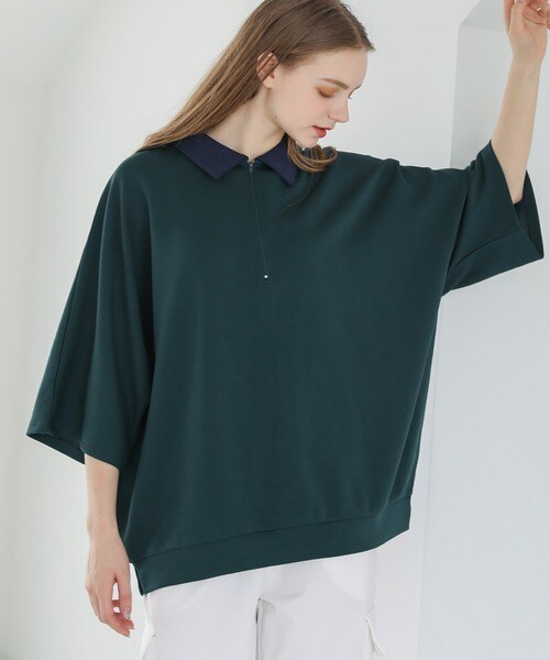 襟付きハーフジップ半袖ポンチドルマンプルオーバー