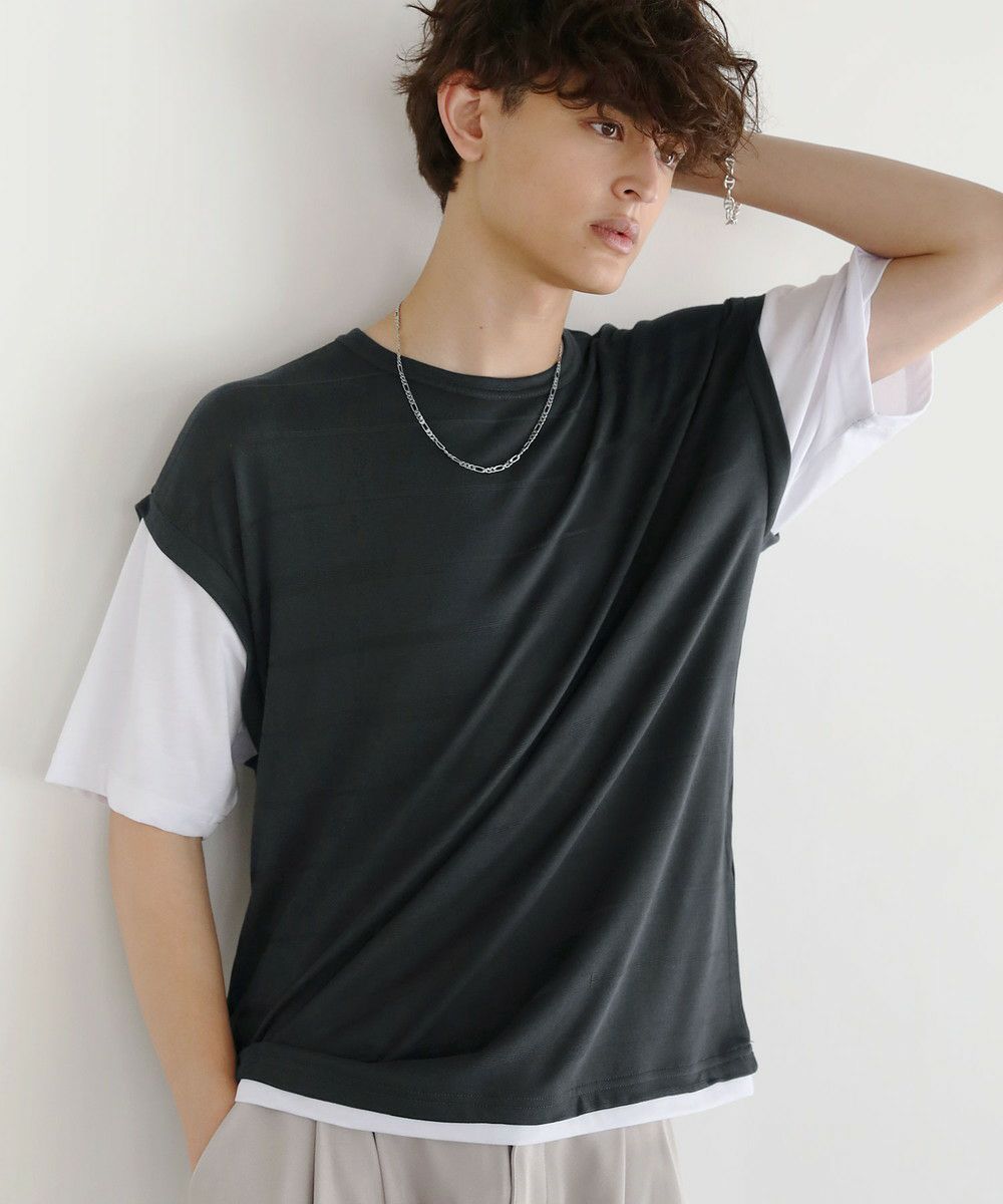 切り替えレイヤードボーダーTシャツ半袖 ボーダー メンズTシャツ 重ね着風 Tシャツ 長袖 秋服 切り替え
