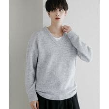 フラッフィーヤーン片畦編みVネックニット