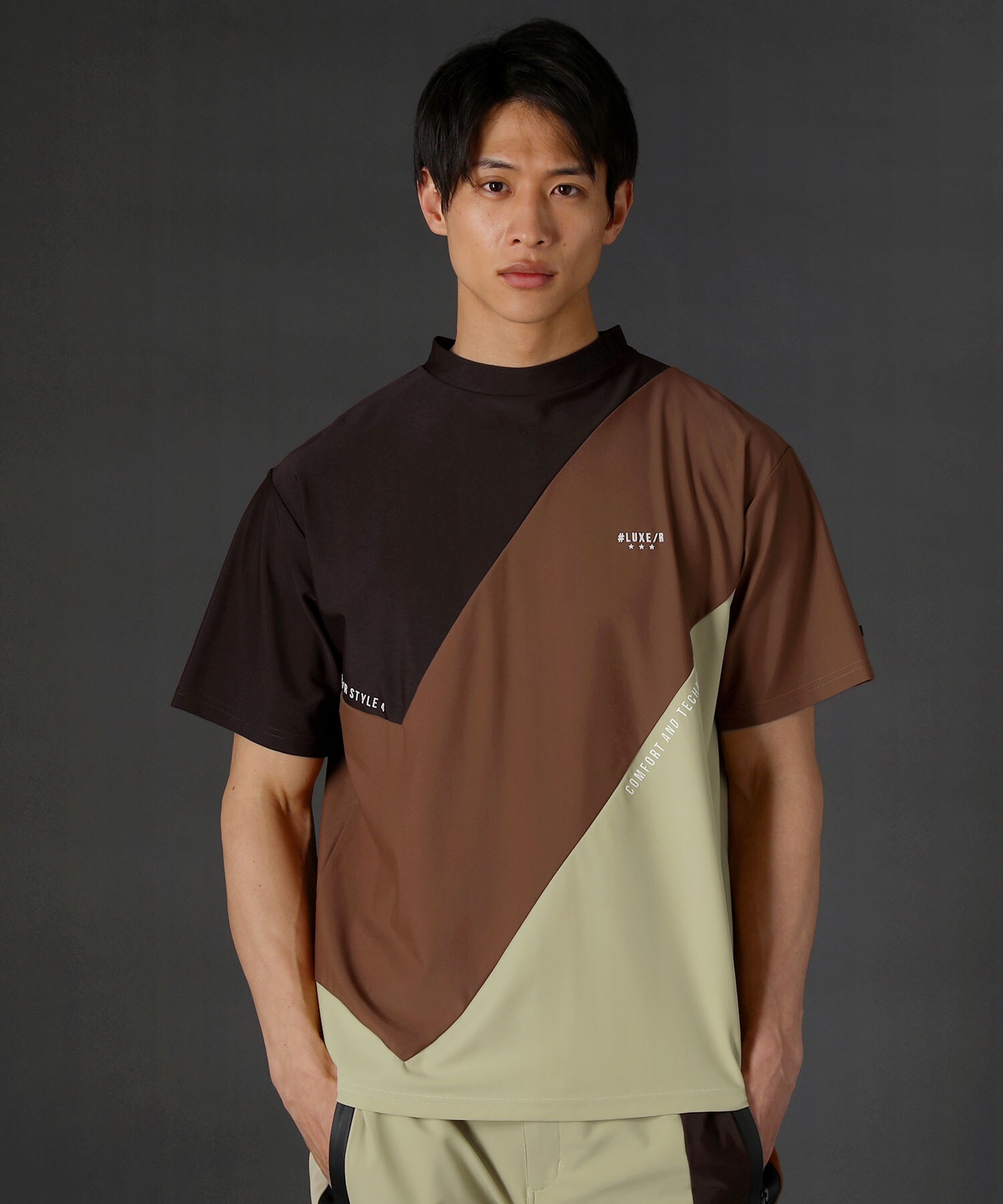 ＜LUXE/R＞スムースストレッチvertical Color scheme ハイネックカットソー THE CASUAL｜接触冷感/吸水速乾スムースストレッチ配色